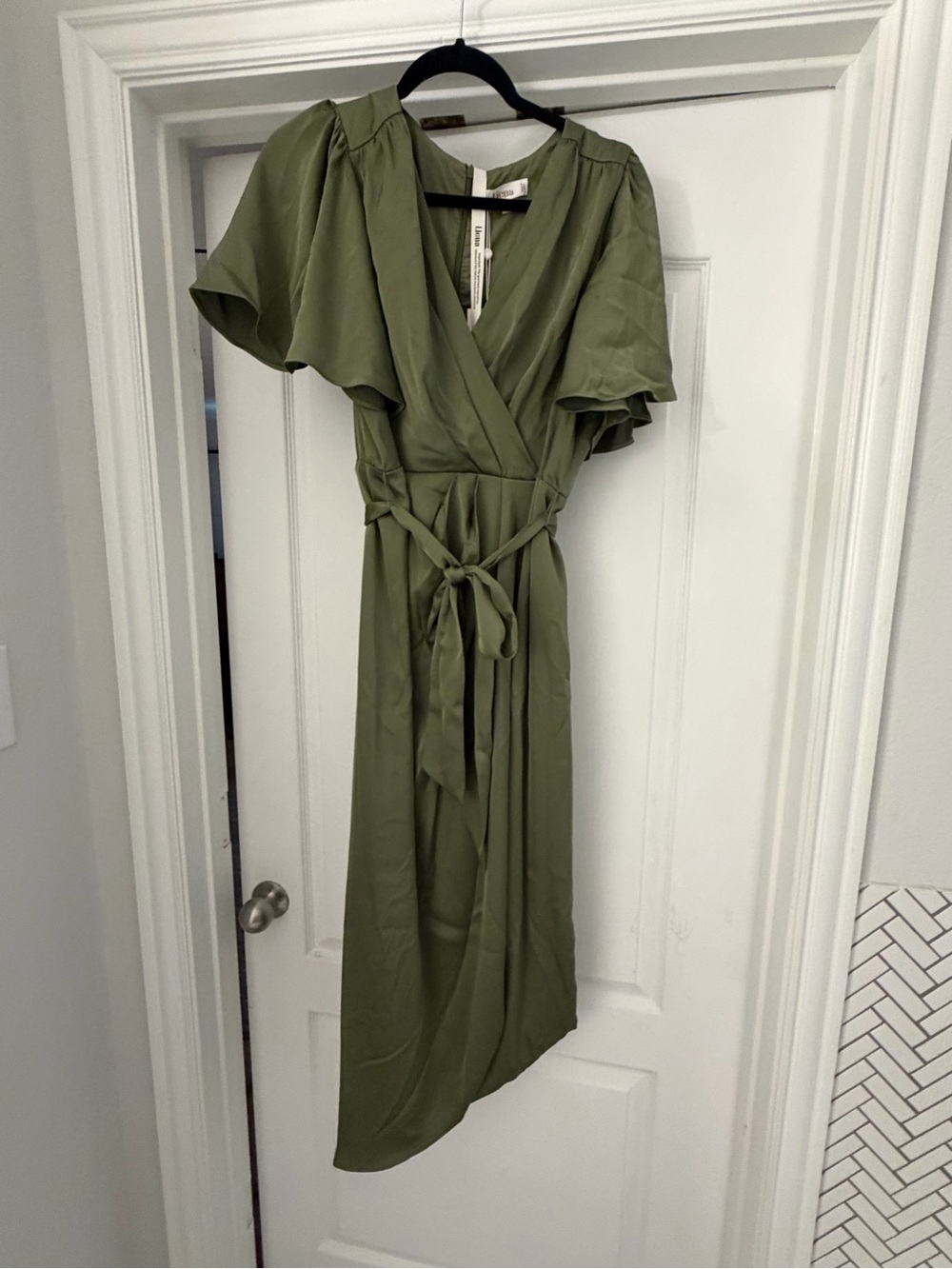 NWT Liena Olive Green Satin Midi Wrap Dress Size 10 - Picture 2 of 7